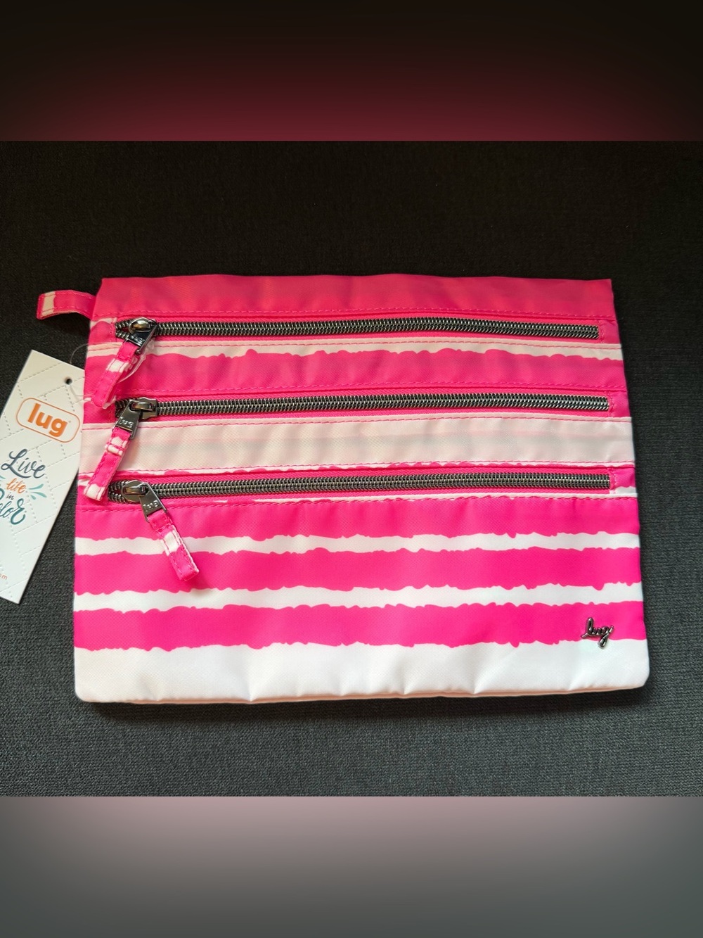 Lug Kickline Triple Zip Storage Pouch Cosmetic Bag Magenta Stripe Hot Neon Pink